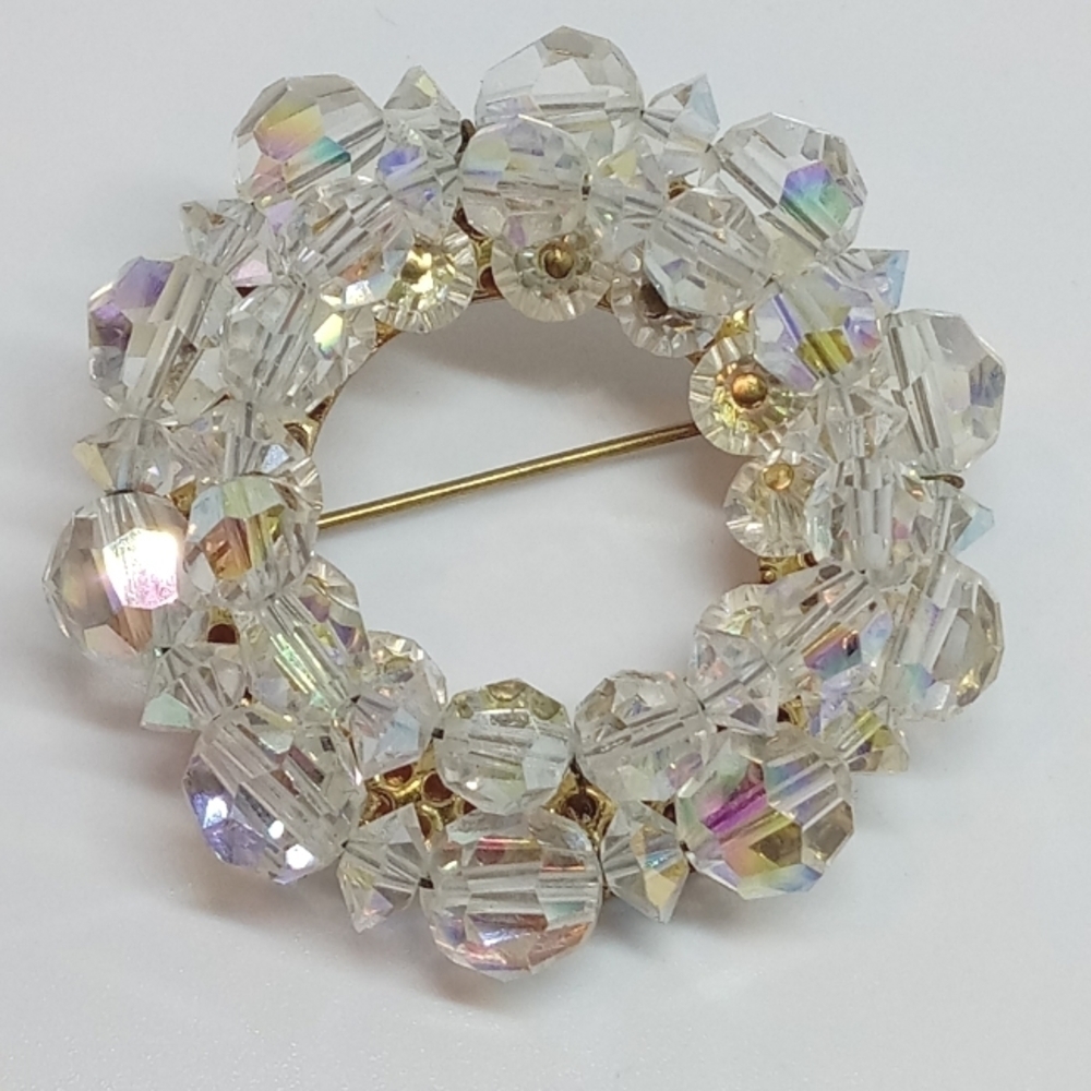 * vintage AB glass crystal bead circle cluster gold tone pin brooch
